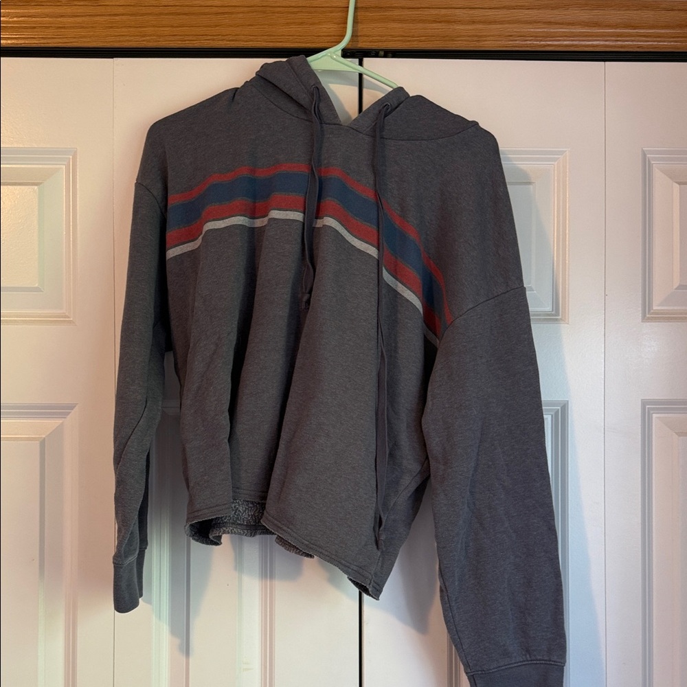 American Eagle Outfitters Dark Gray Hooded Sweater with Red and Blue Stripes